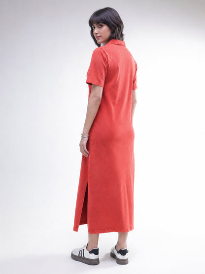 Women Red Overdyed Polo Neck T-Shirt Midi Dress