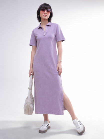 Women Lavender Overdyed Polo Neck T-Shirt Maxi Dress