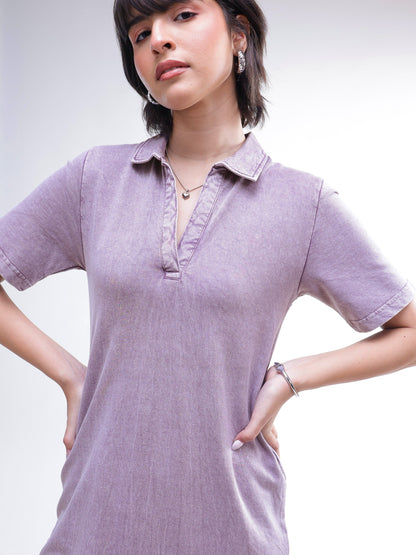 Women Lavender Overdyed Polo Neck T-Shirt Maxi Dress