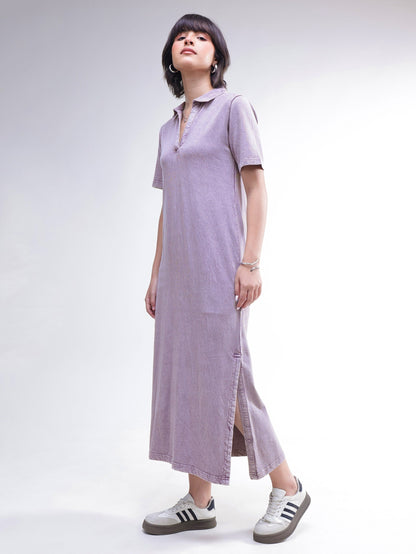 Women Lavender Overdyed Polo Neck T-Shirt Maxi Dress