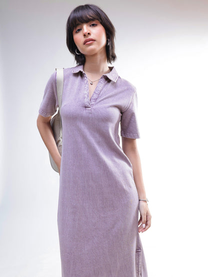 Women Lavender Overdyed Polo Neck T-Shirt Maxi Dress