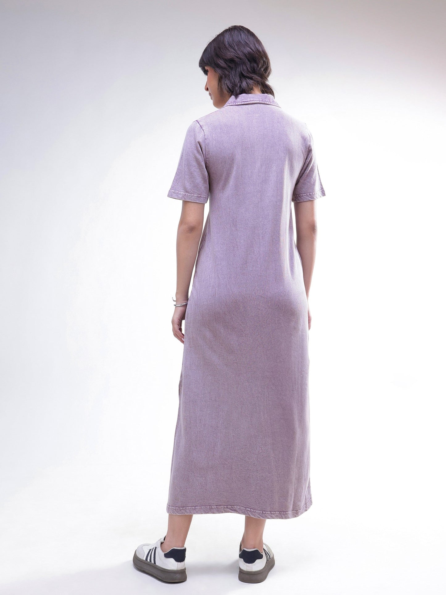 Women Lavender Overdyed Polo Neck T-Shirt Maxi Dress