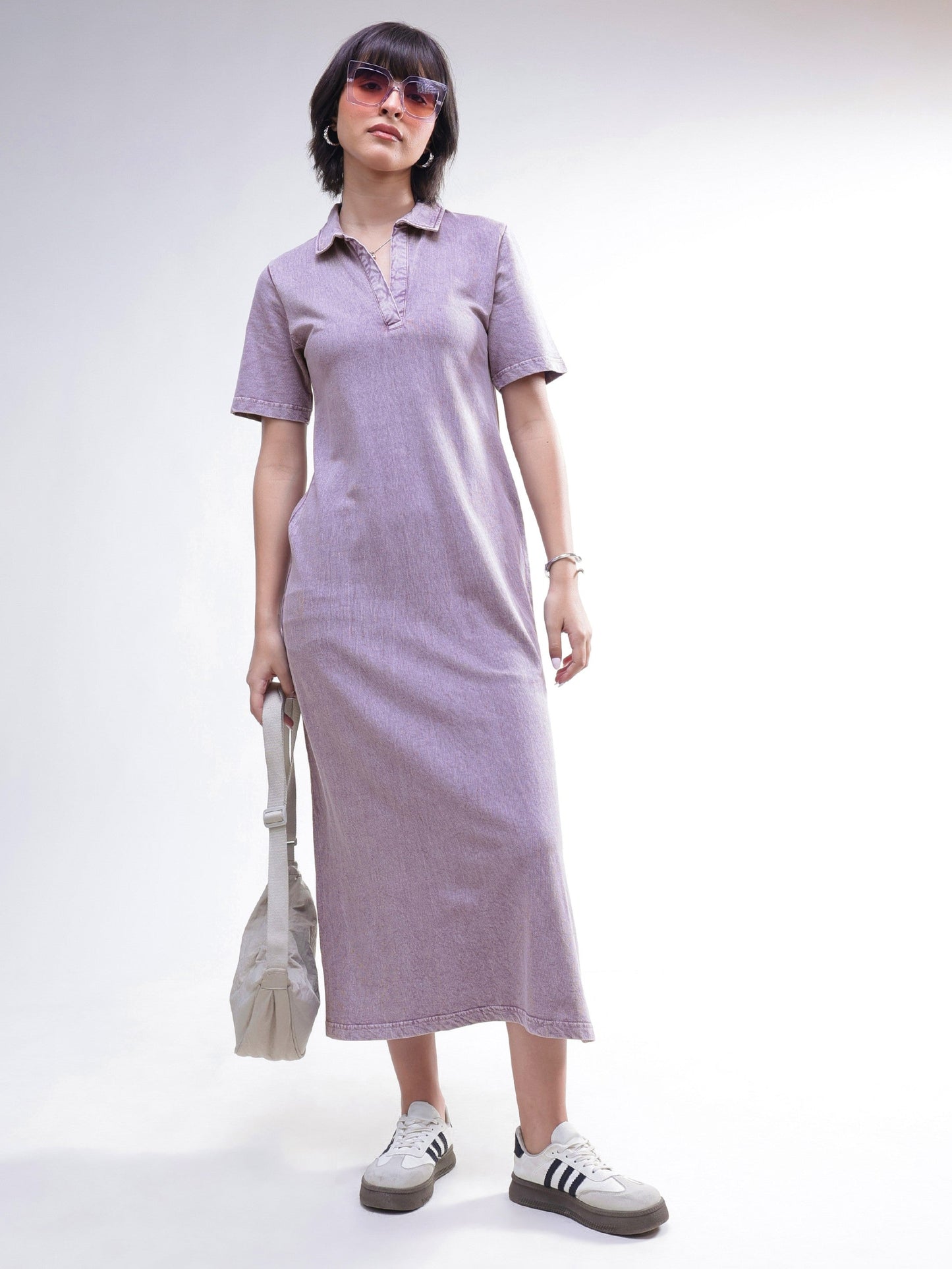 Women Lavender Overdyed Polo Neck T-Shirt Maxi Dress