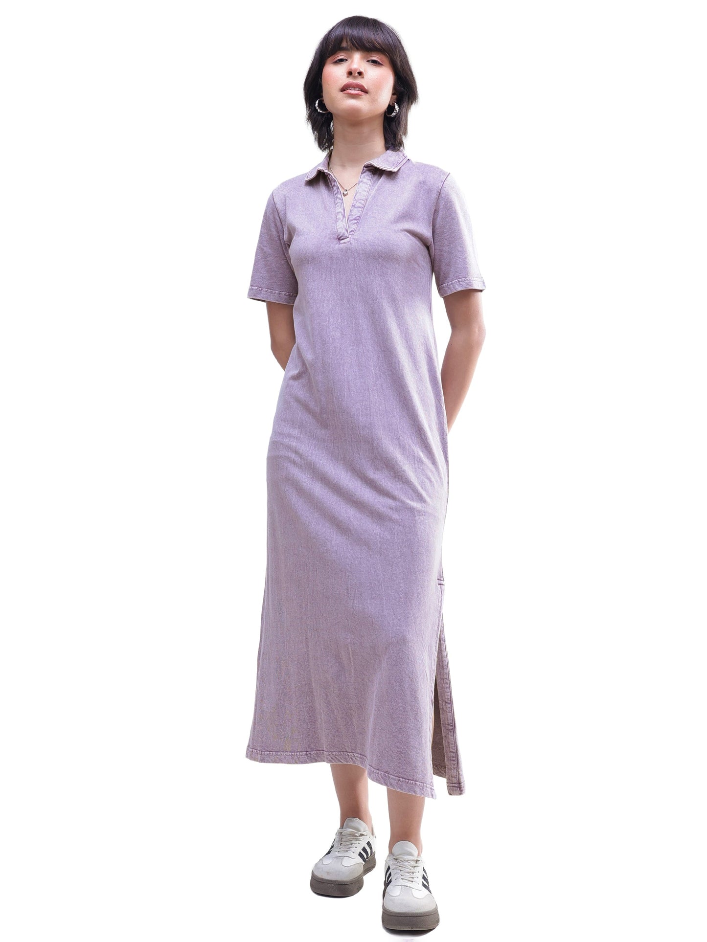 Women Lavender Overdyed Polo Neck T-Shirt Maxi Dress