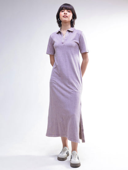 Women Lavender Overdyed Polo Neck T-Shirt Maxi Dress
