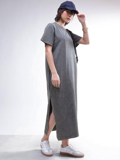 Women Grey Overdyed Short Sleeves T-Shirt Midi Dress