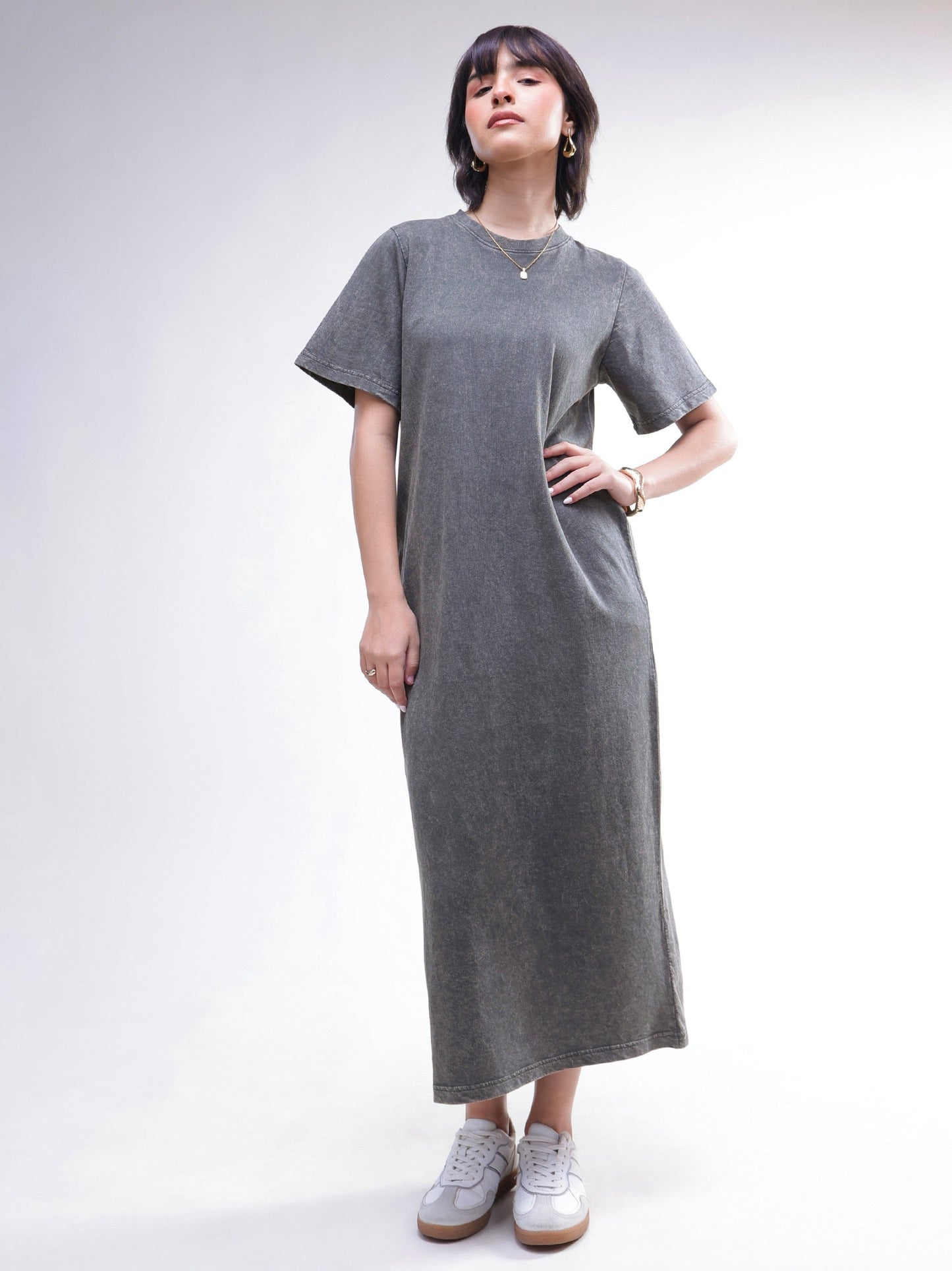 Women Grey Overdyed Short Sleeves T-Shirt Midi Dress
