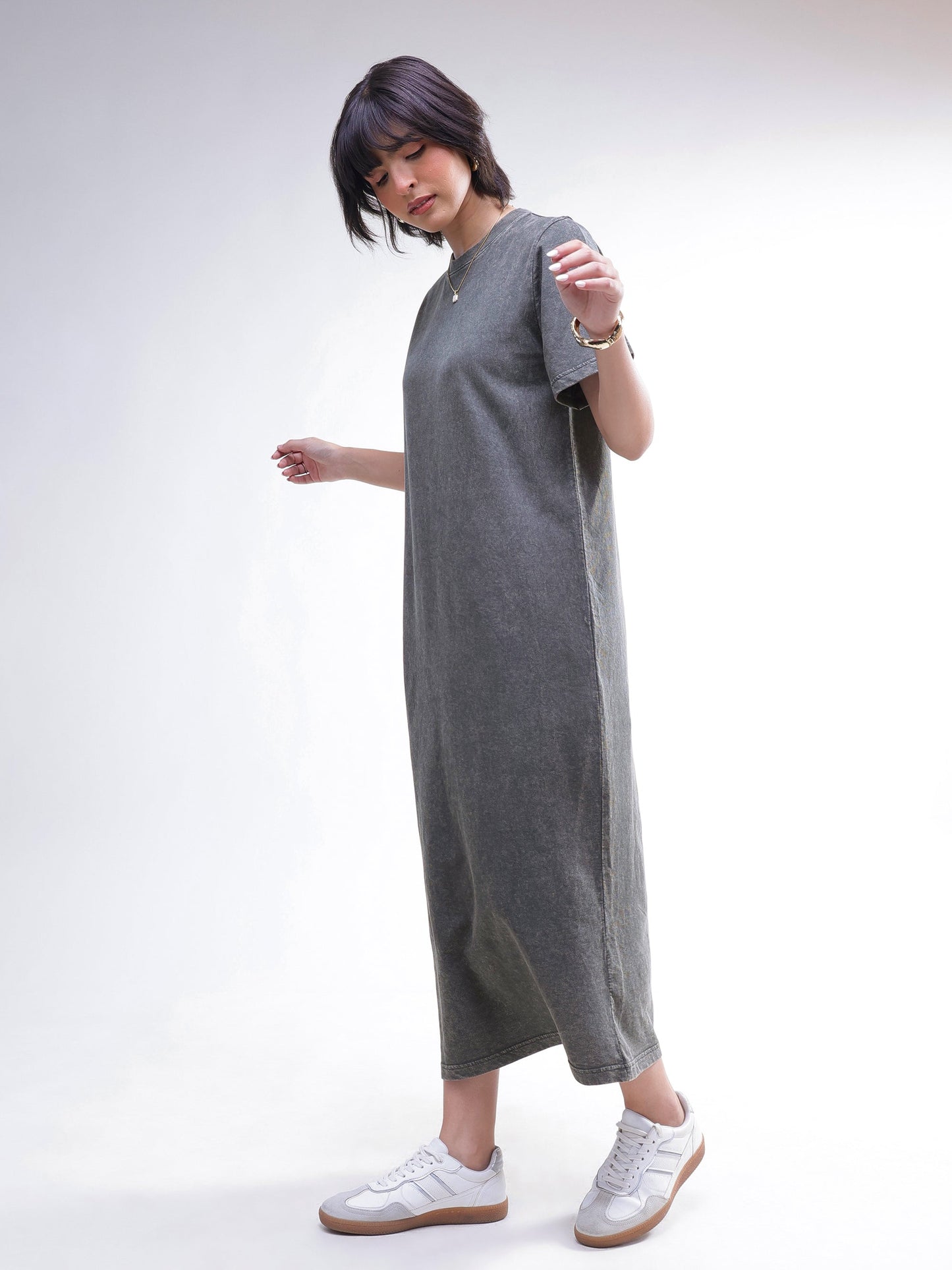 Women Grey Overdyed Short Sleeves T-Shirt Midi Dress