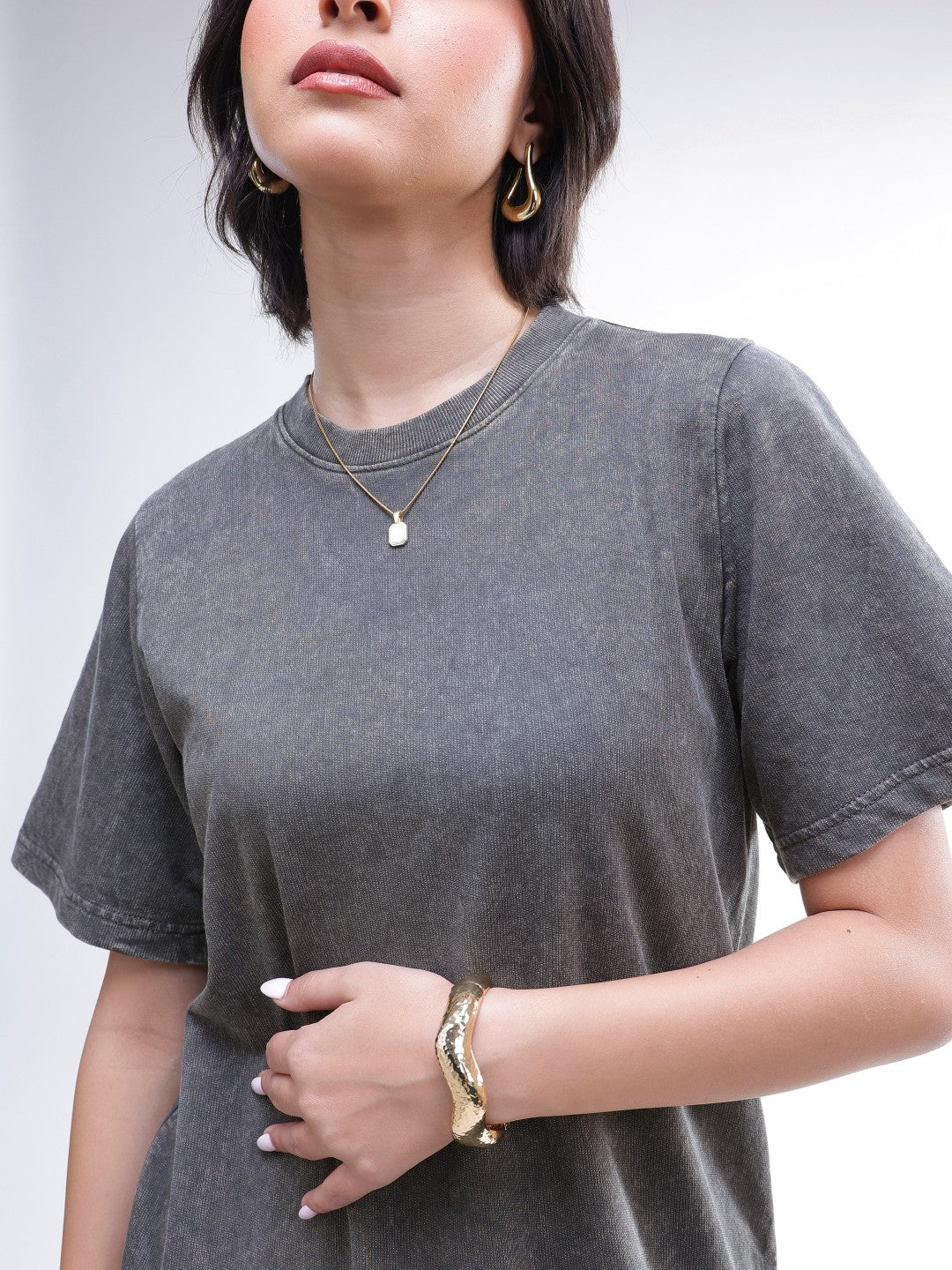 Women Grey Overdyed Short Sleeves T-Shirt Midi Dress