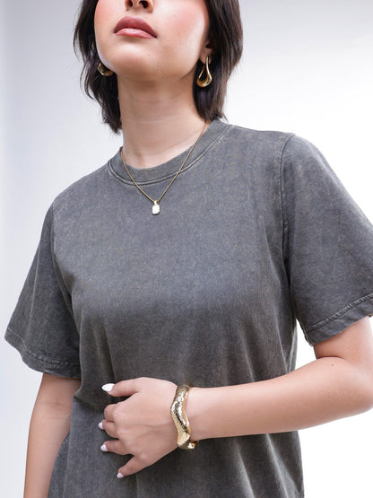 Women Grey Overdyed Short Sleeves T-Shirt Midi Dress