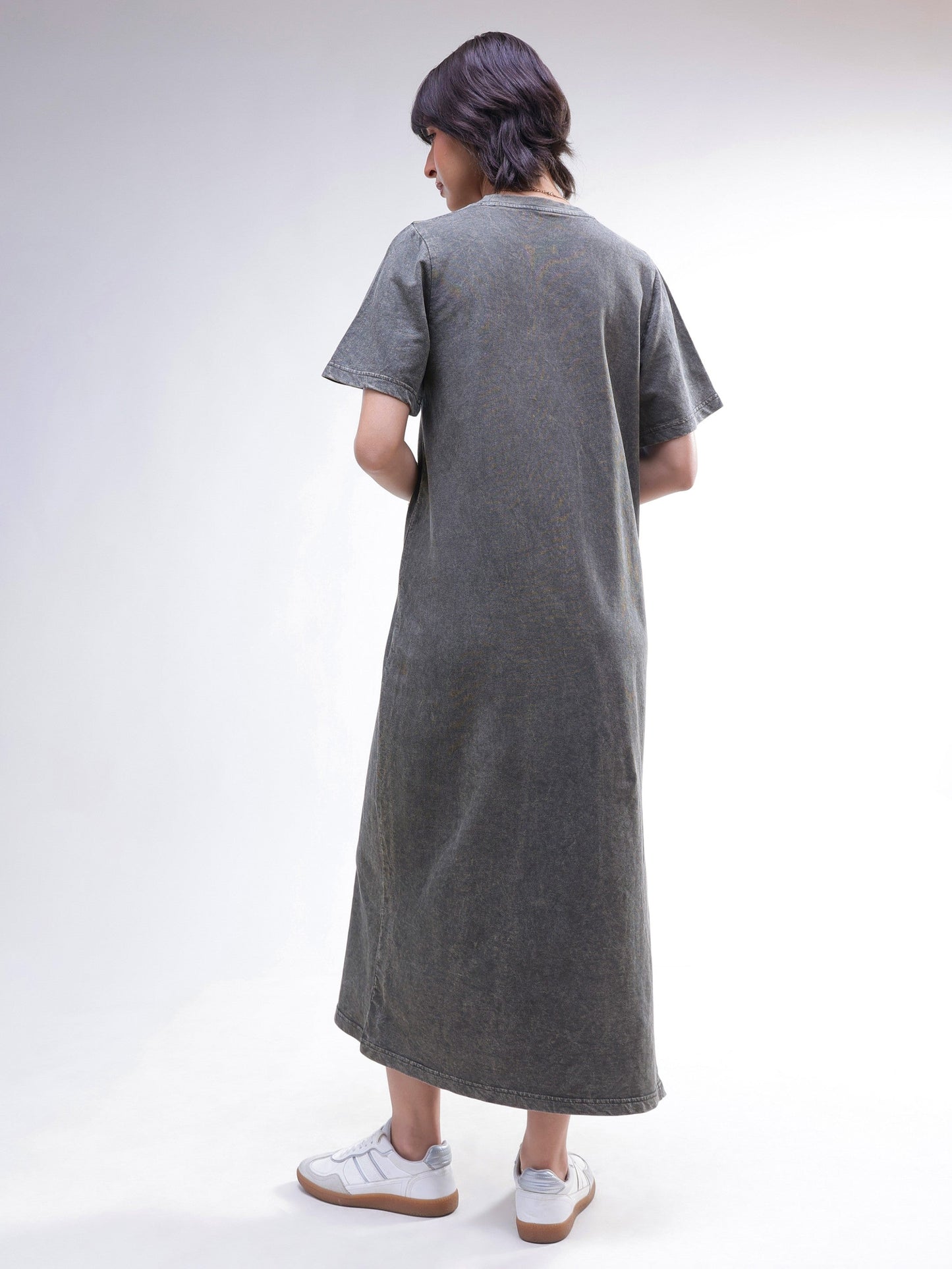 Women Grey Overdyed Short Sleeves T-Shirt Midi Dress