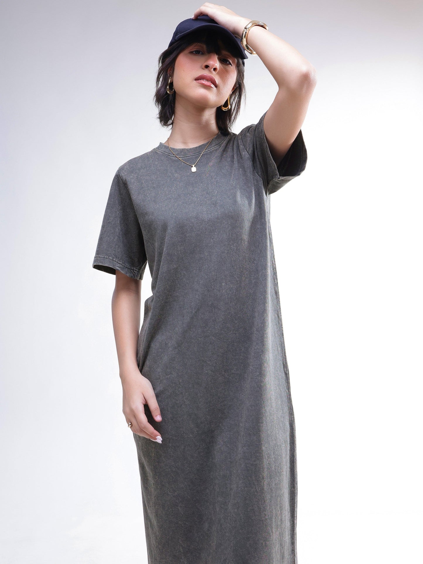 Women Grey Overdyed Short Sleeves T-Shirt Midi Dress