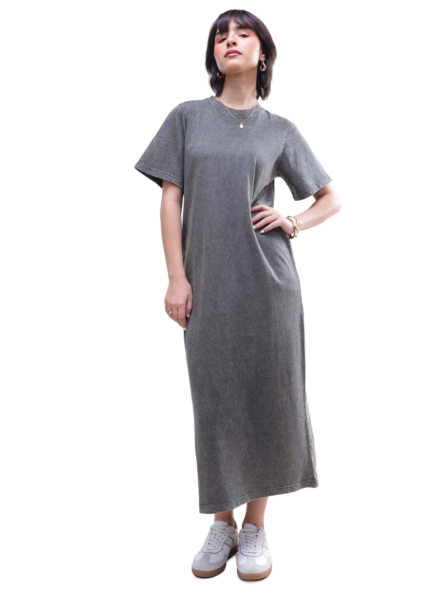 Women Grey Overdyed Short Sleeves T-Shirt Midi Dress