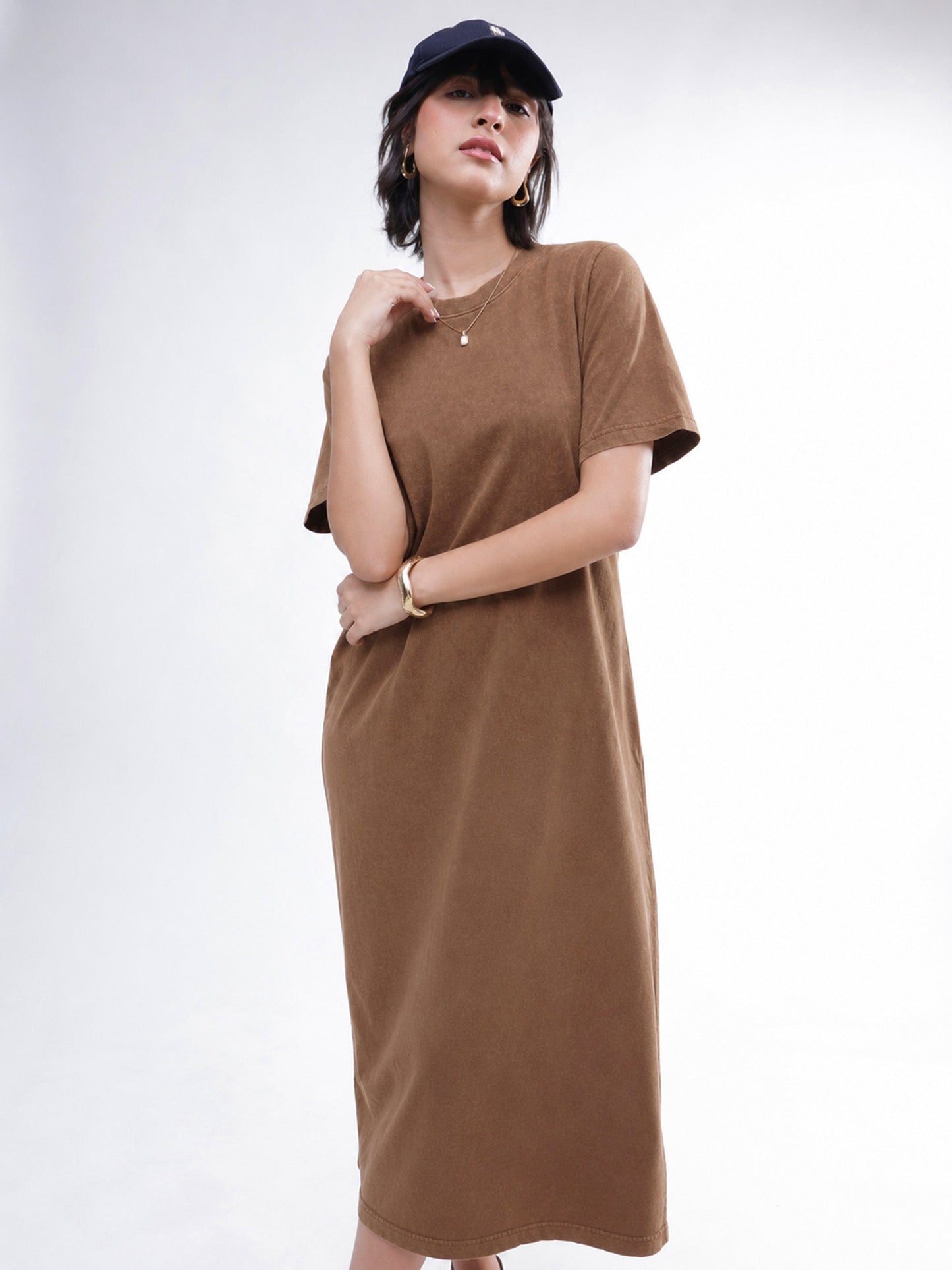 Women Brown Overdyed Short Sleeves T-Shirt Midi Dress