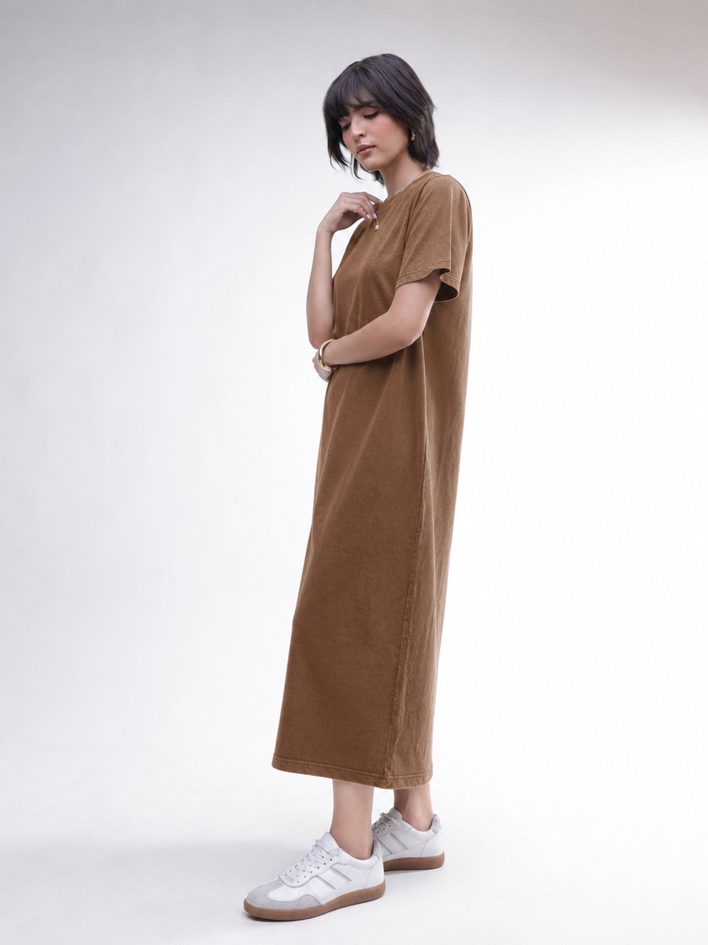 Women Brown Overdyed Short Sleeves T-Shirt Midi Dress