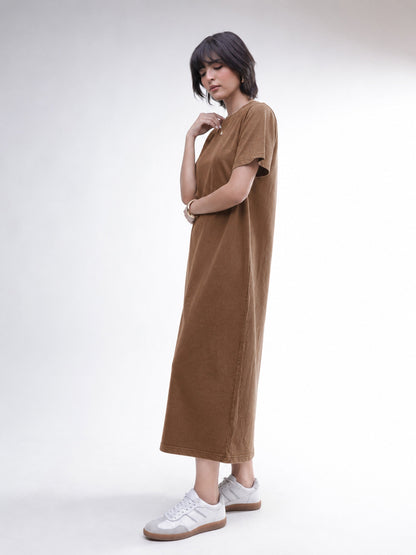 Women Brown Overdyed Short Sleeves T-Shirt Midi Dress