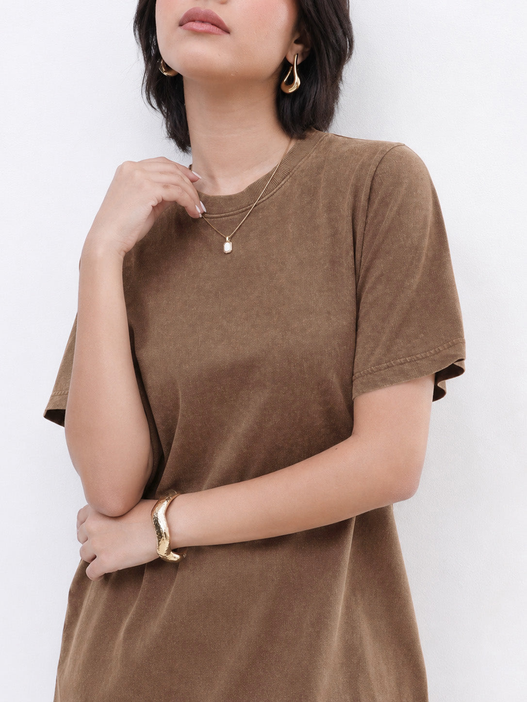 Women Brown Overdyed Short Sleeves T-Shirt Midi Dress