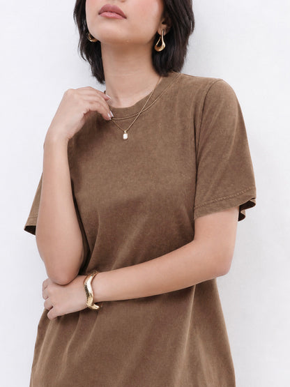 Women Brown Overdyed Short Sleeves T-Shirt Midi Dress