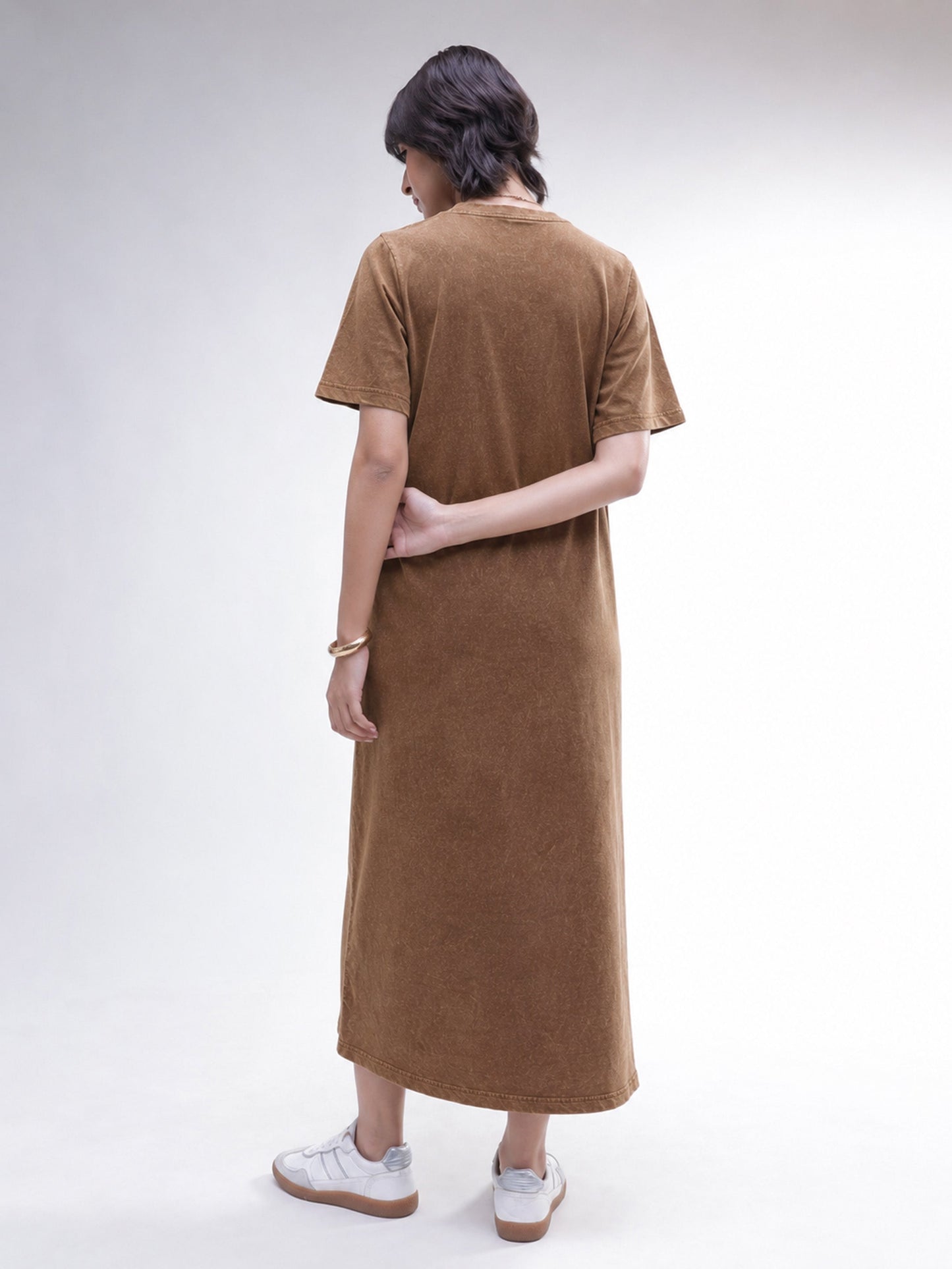 Women Brown Overdyed Short Sleeves T-Shirt Midi Dress