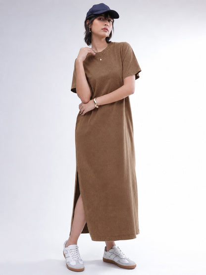 Women Brown Overdyed Short Sleeves T-Shirt Midi Dress