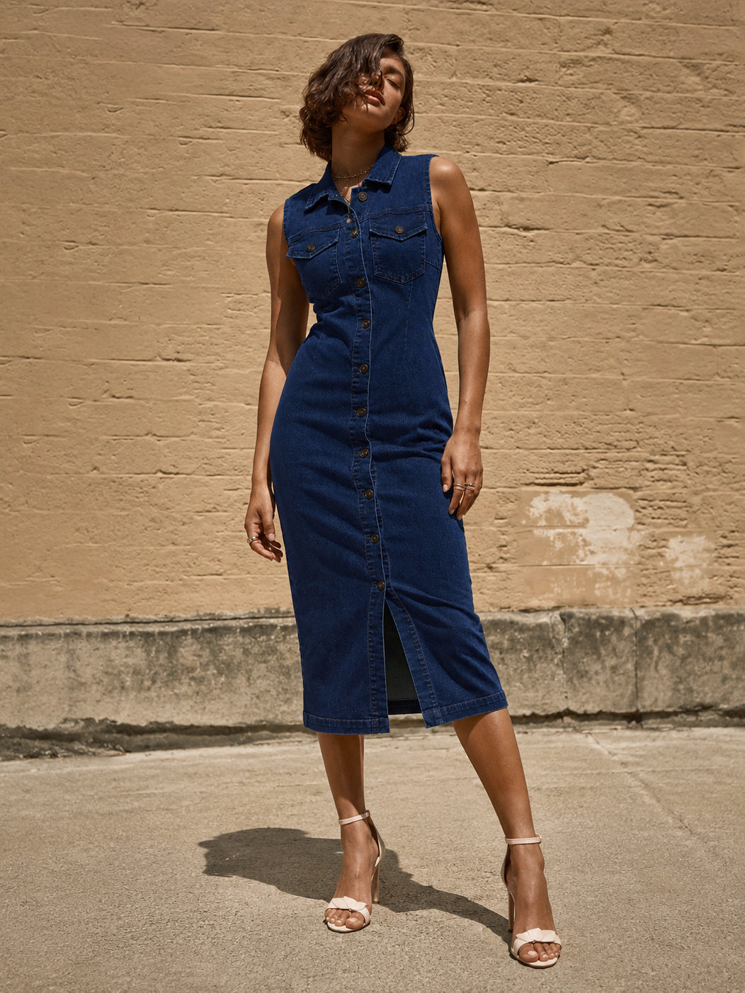 Women Navy Wash Denim Front Button Midi Dress