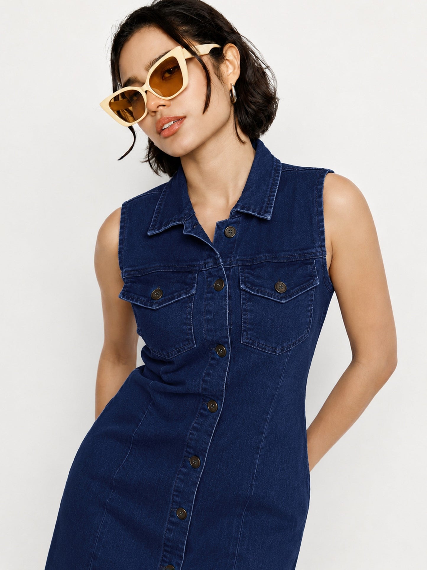 Women Navy Wash Denim Front Button Midi Dress