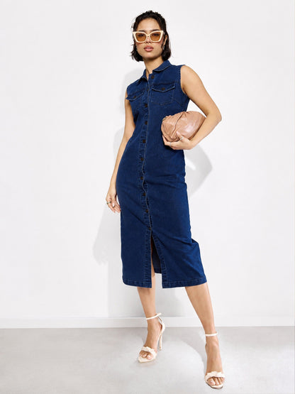 Women Navy Wash Denim Front Button Midi Dress