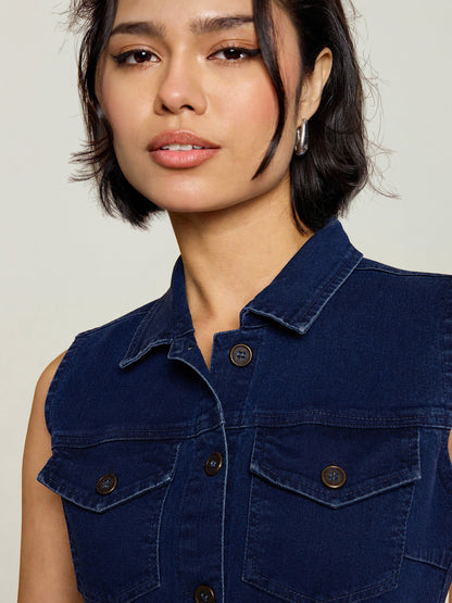 Women Navy Wash Denim Front Button Midi Dress