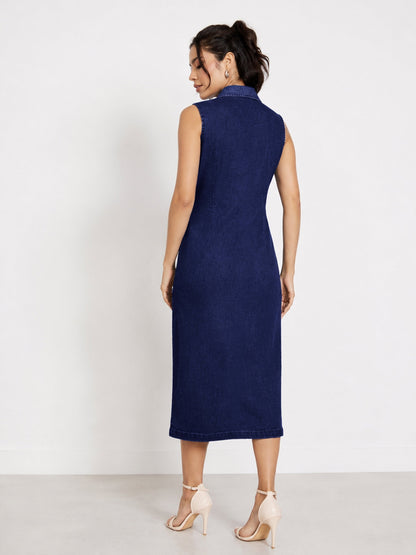 Women Navy Wash Denim Front Button Midi Dress