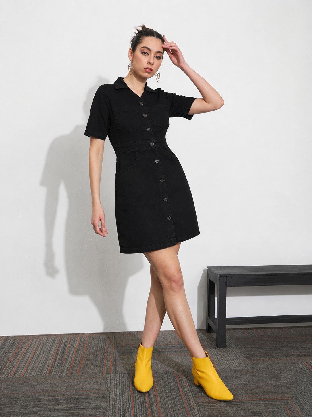 Women Black Denim Front Button Mini Dress