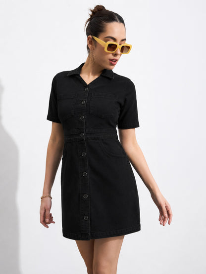 Women Black Denim Front Button Mini Dress
