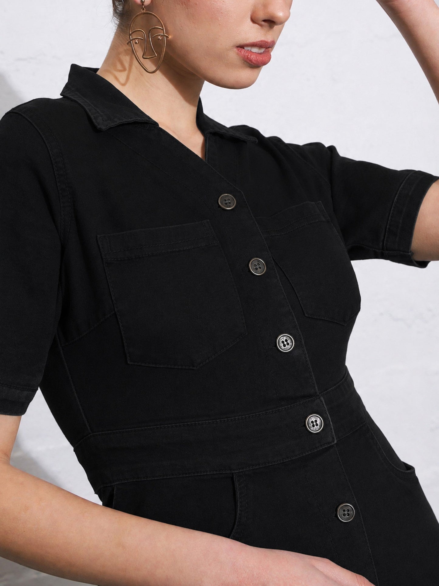 Women Black Denim Front Button Mini Dress