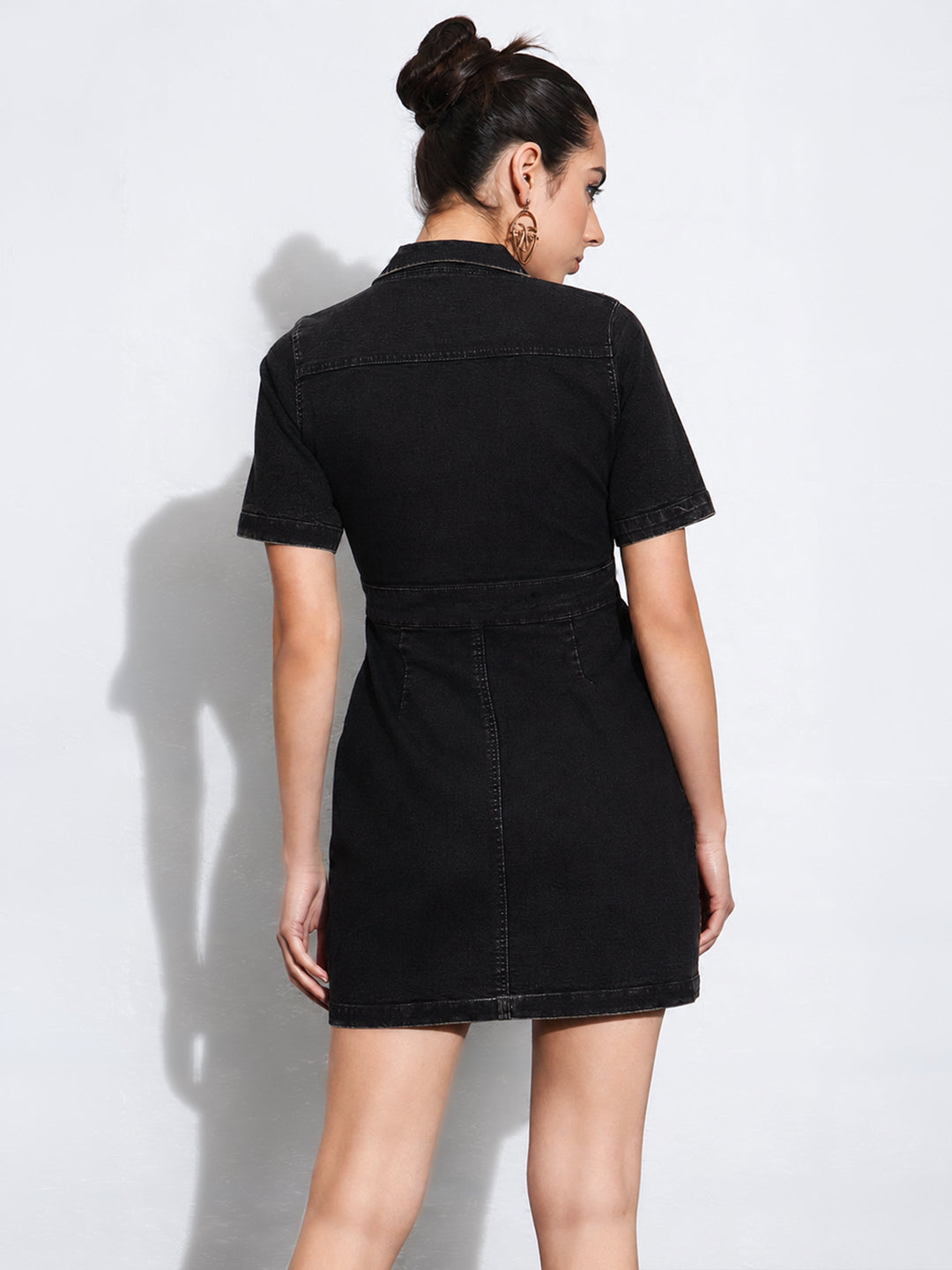 Women Black Denim Front Button Mini Dress