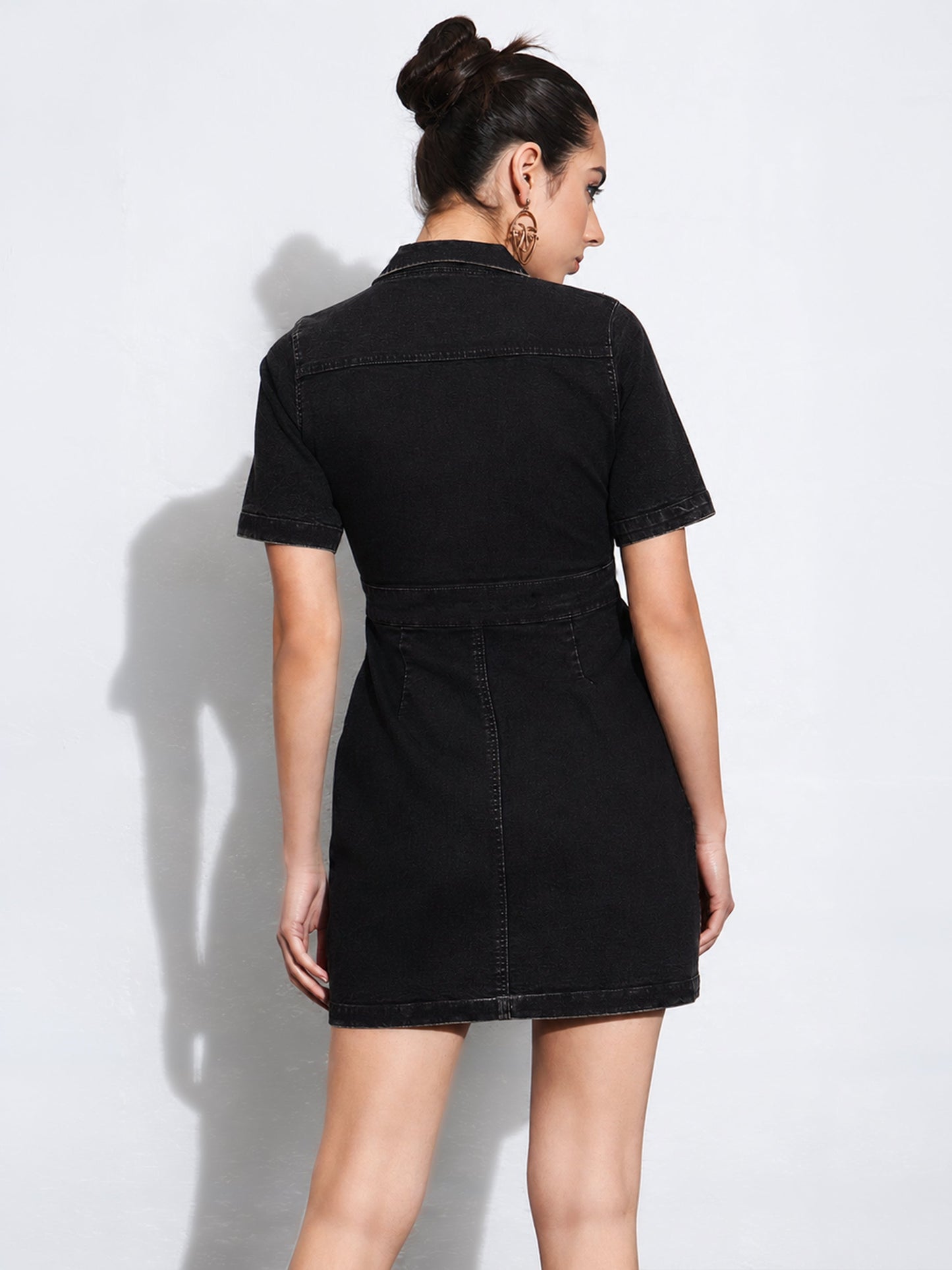 Women Black Denim Front Button Mini Dress