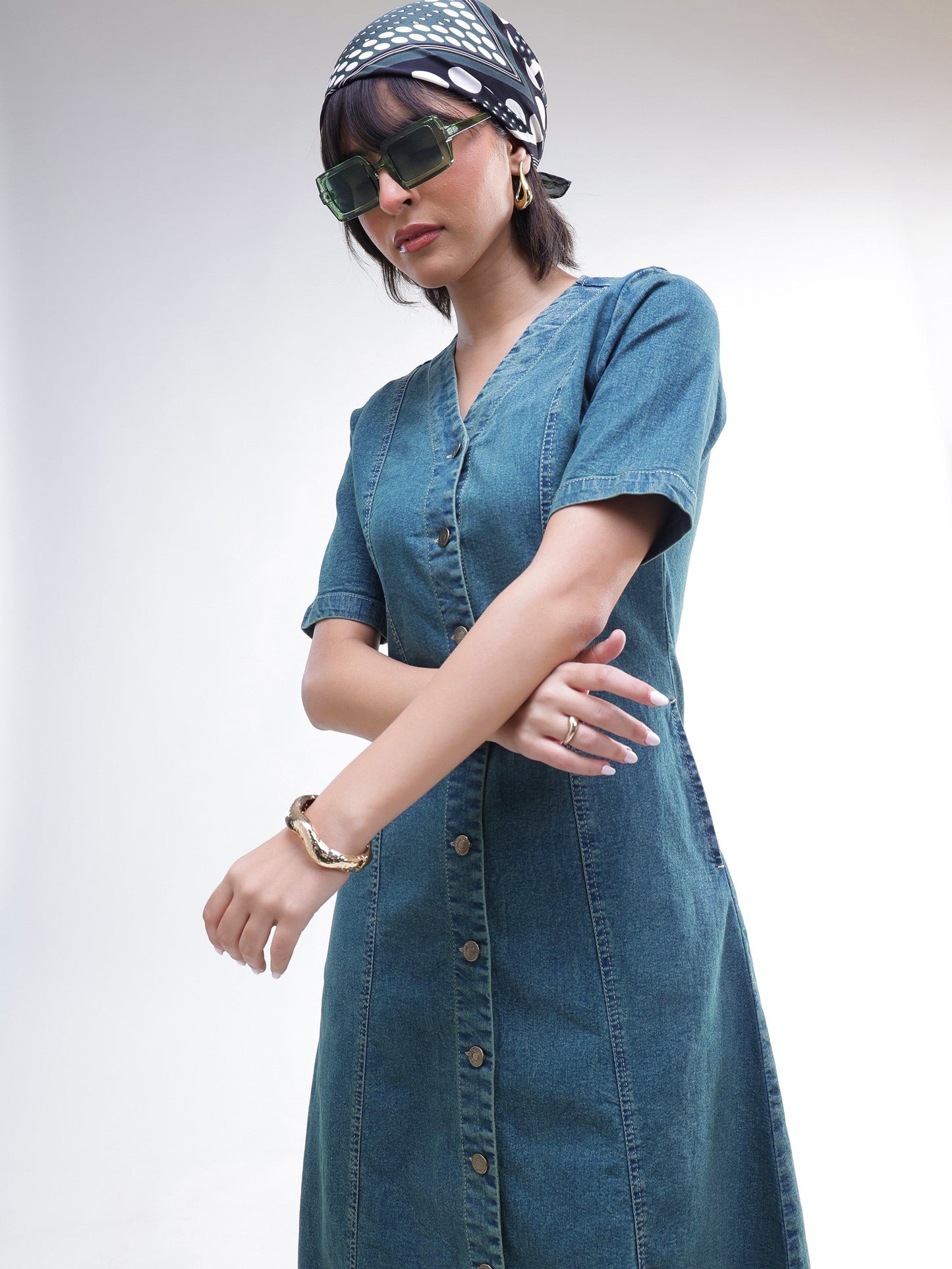 Women Blue Washed Denim Button Down Midi Dress