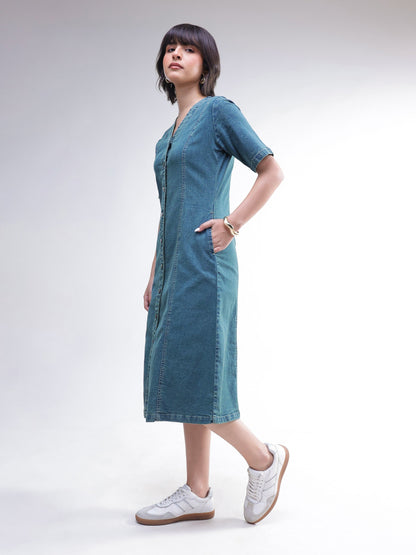 Women Blue Washed Denim Button Down Midi Dress