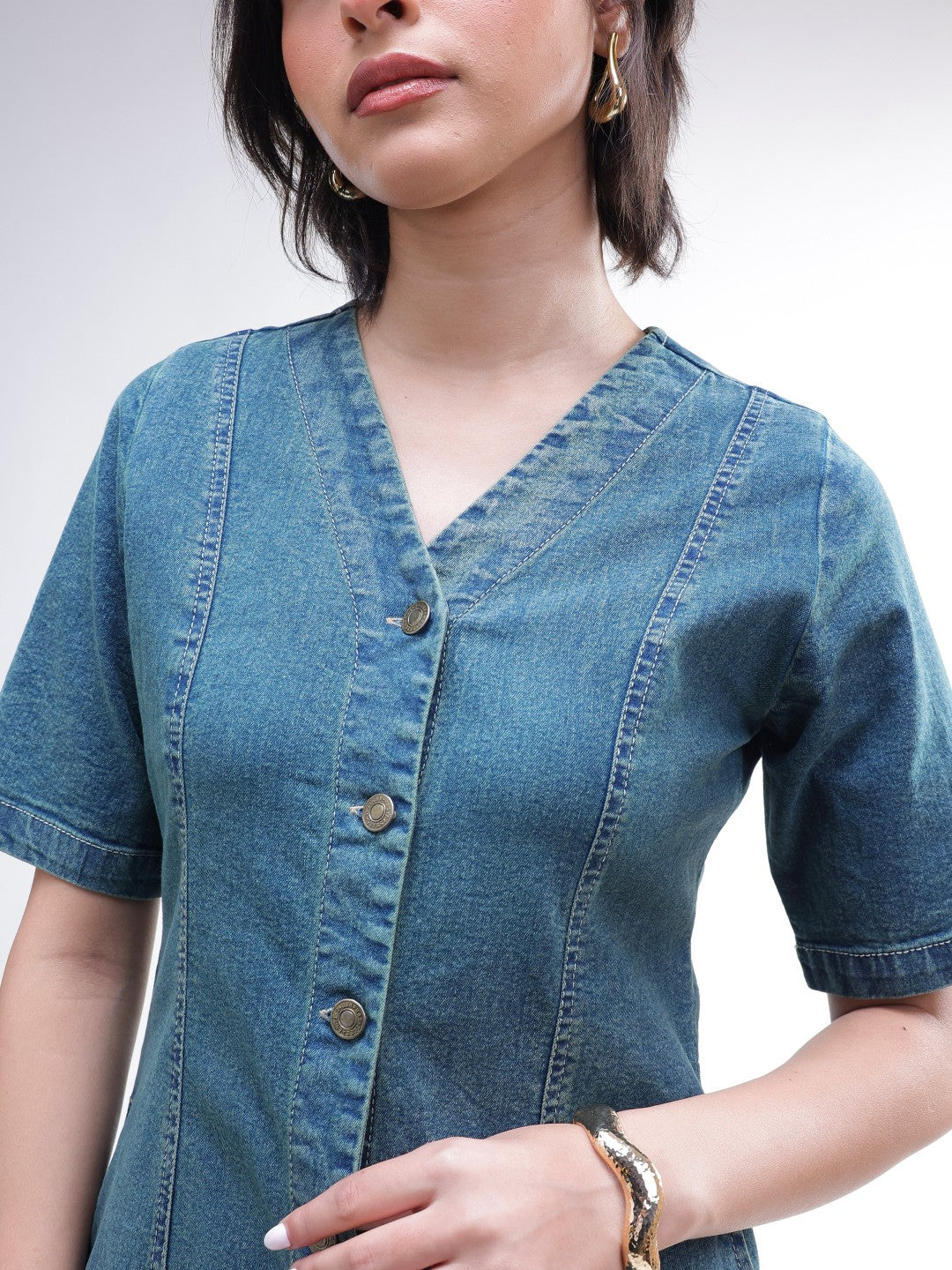 Women Blue Washed Denim Button Down Midi Dress