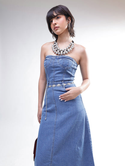 Women Blue Wash Denim Wash Tube Dress