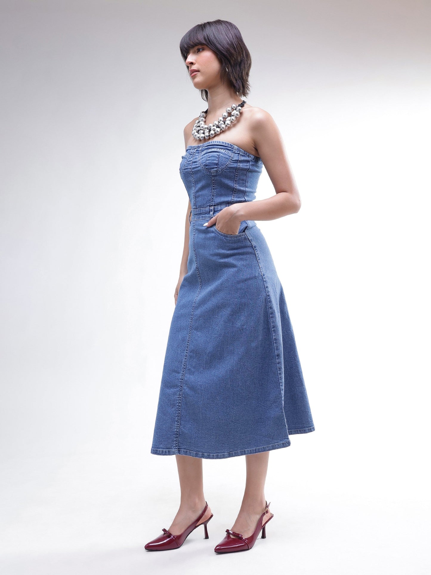 Women Blue Wash Denim Wash Tube Dress