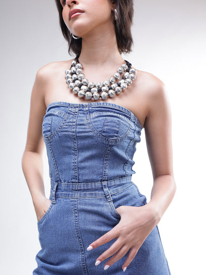 Women Blue Wash Denim Wash Tube Dress