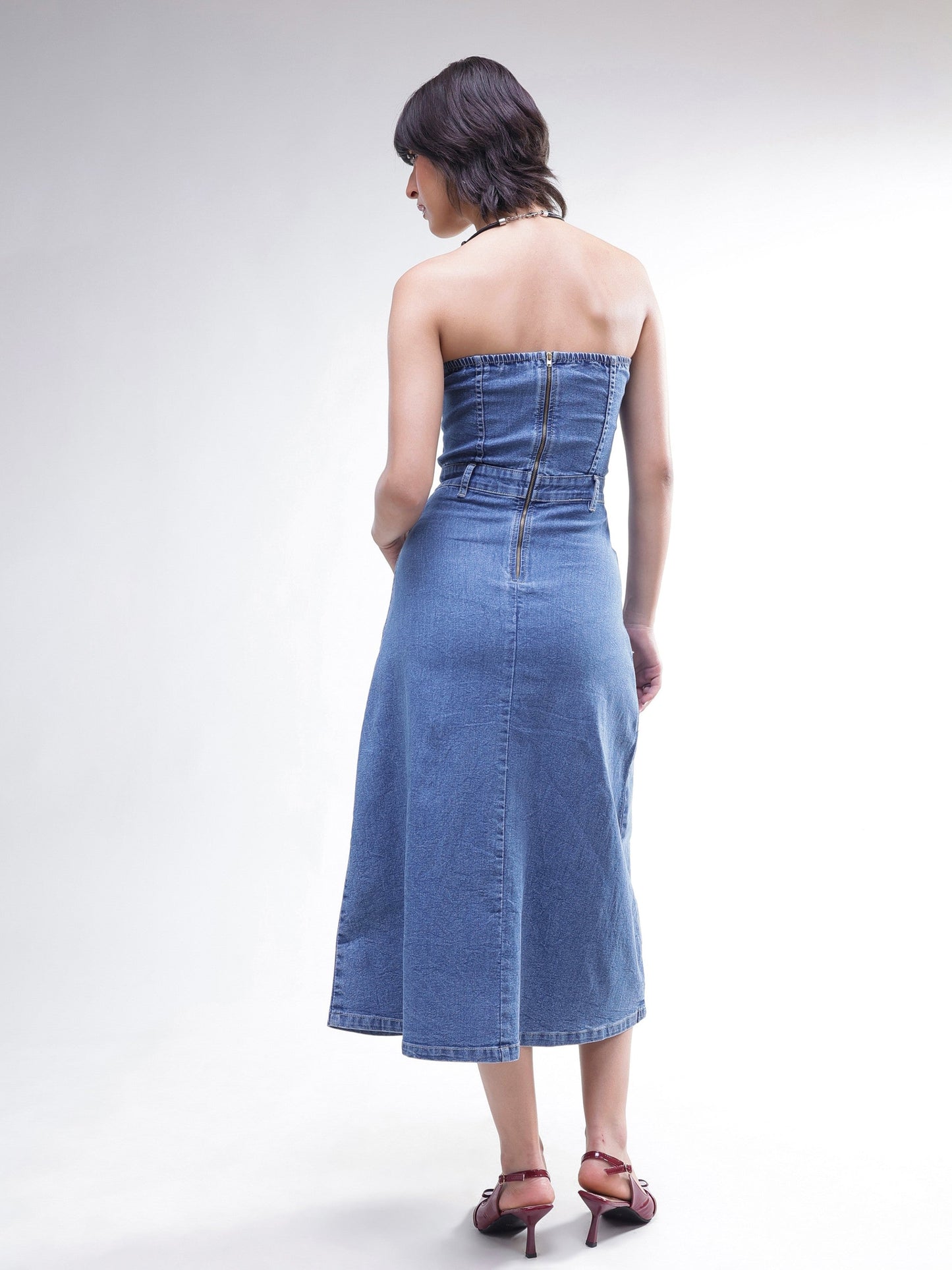 Women Blue Wash Denim Wash Tube Dress