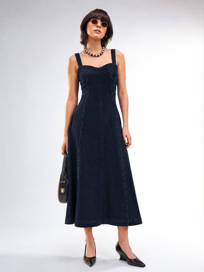 Dark Navy Wash Denim Strappy A-Line Midi Dress