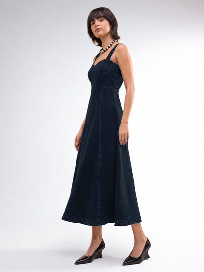 Dark Navy Wash Denim Strappy A-Line Midi Dress