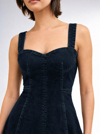 Dark Navy Wash Denim Strappy A-Line Midi Dress