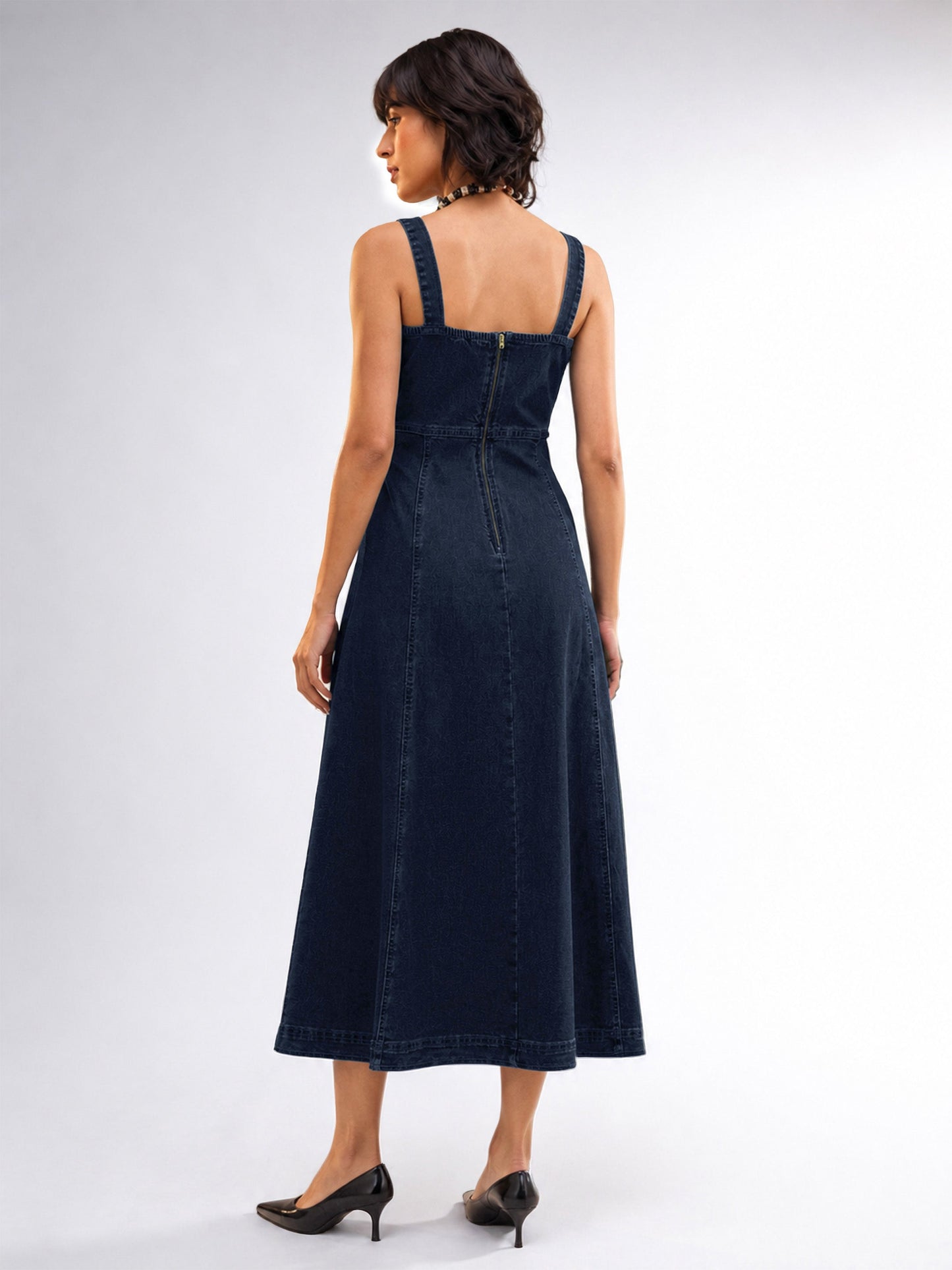 Dark Navy Wash Denim Strappy A-Line Midi Dress