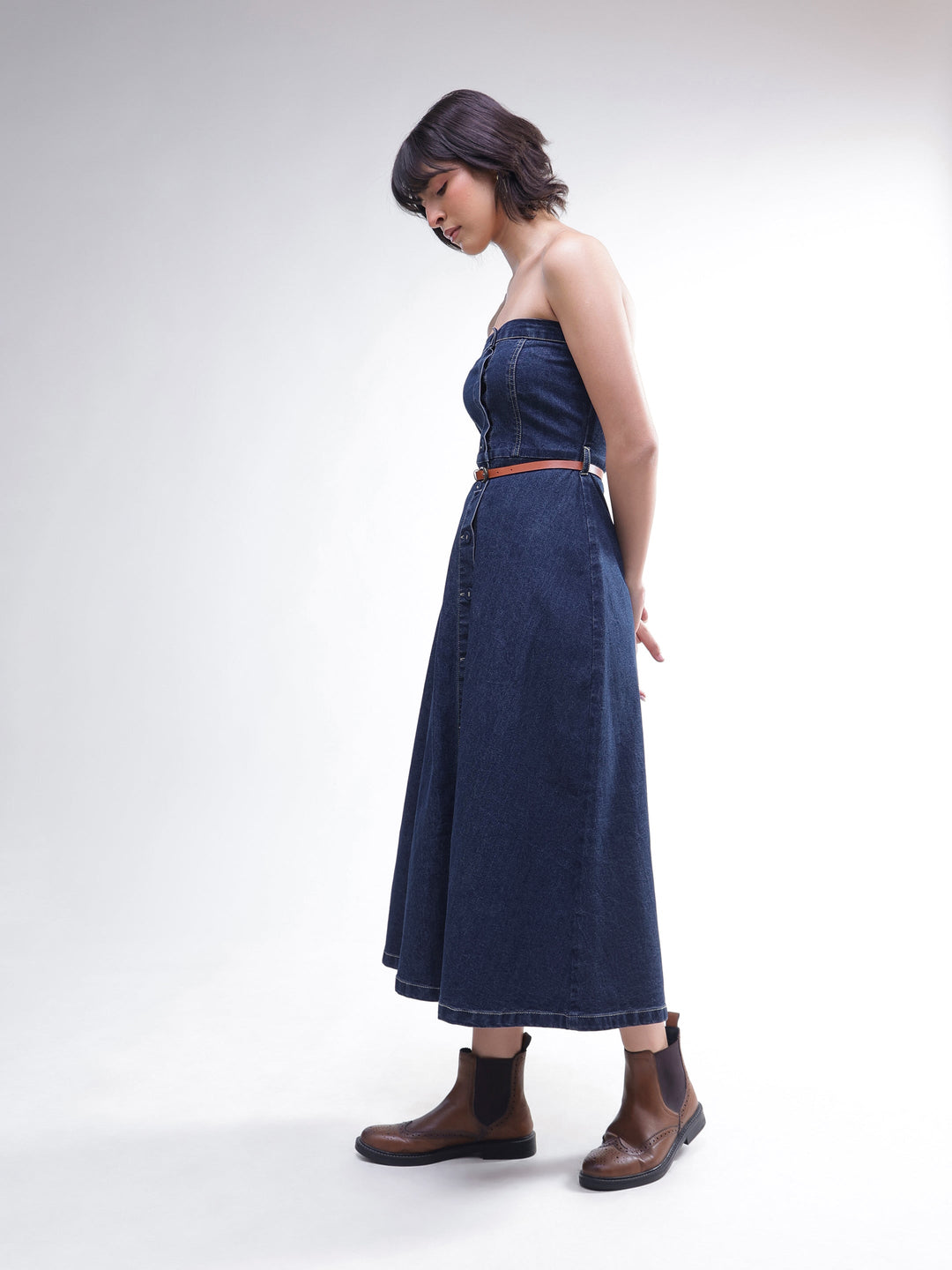Women Navy Washed Denim Tube Dress