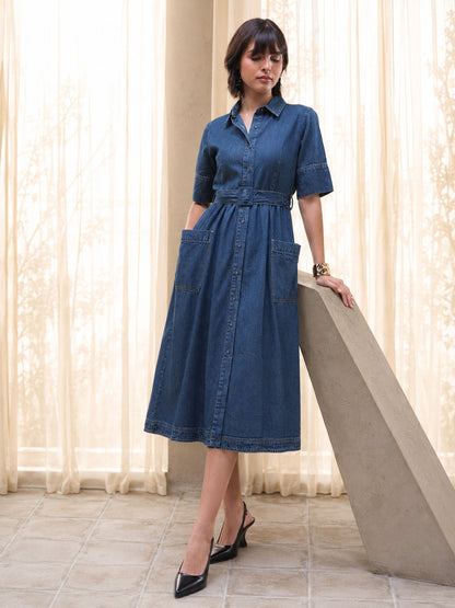 Women Blue Acid Washed Denim Belted Maxi Dress