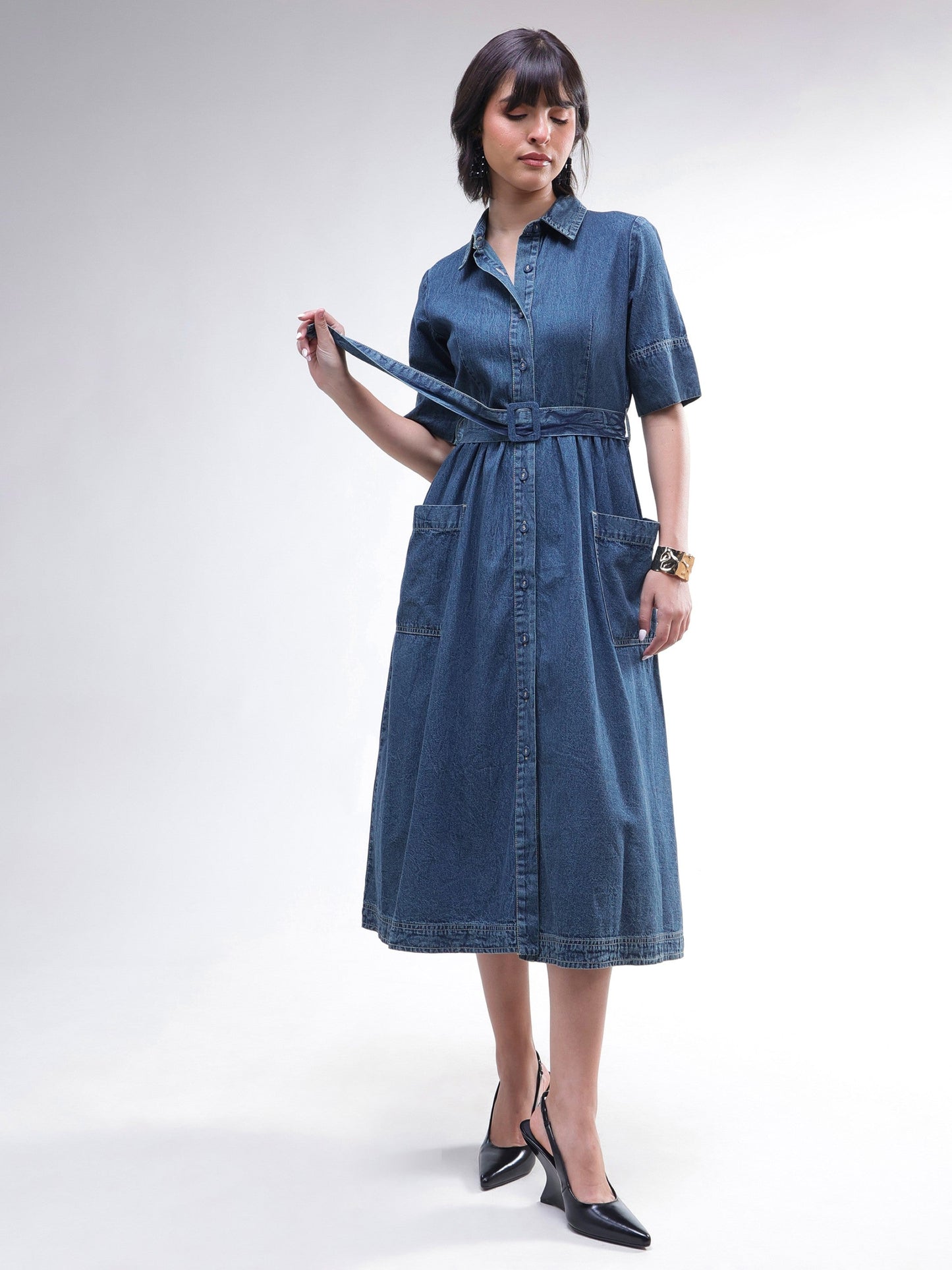 Women Blue Acid Washed Denim Belted Maxi Dress