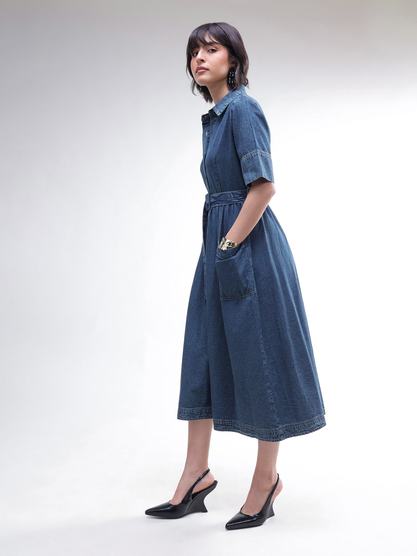Women Blue Acid Washed Denim Belted Maxi Dress