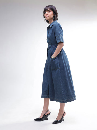 Women Blue Acid Washed Denim Belted Maxi Dress